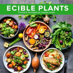 Create an image that showcases a variety of edible plants being incorporated into everyday meals