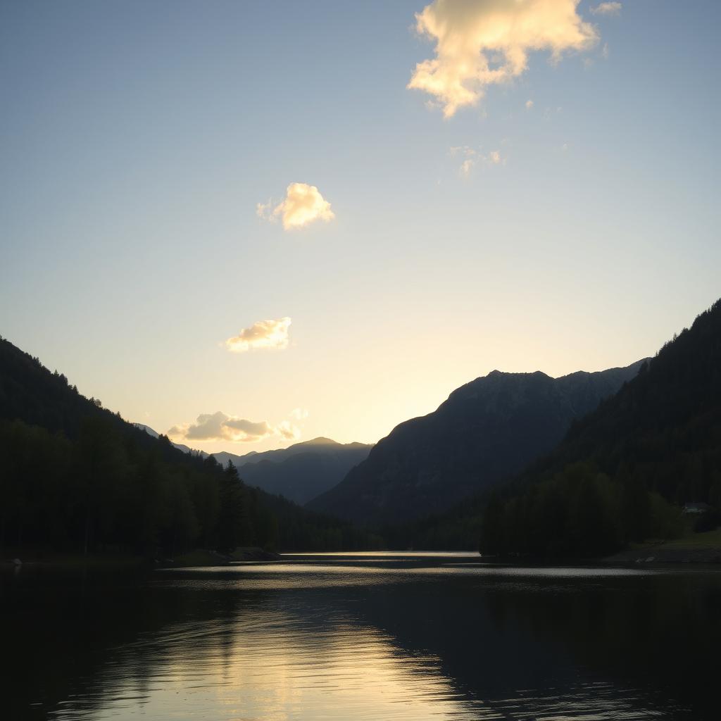 A serene landscape featuring a calm lake surrounded by lush green trees and mountains in the background