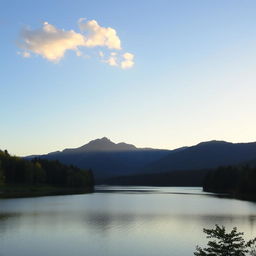 A serene landscape featuring a calm lake surrounded by lush green trees and mountains in the background