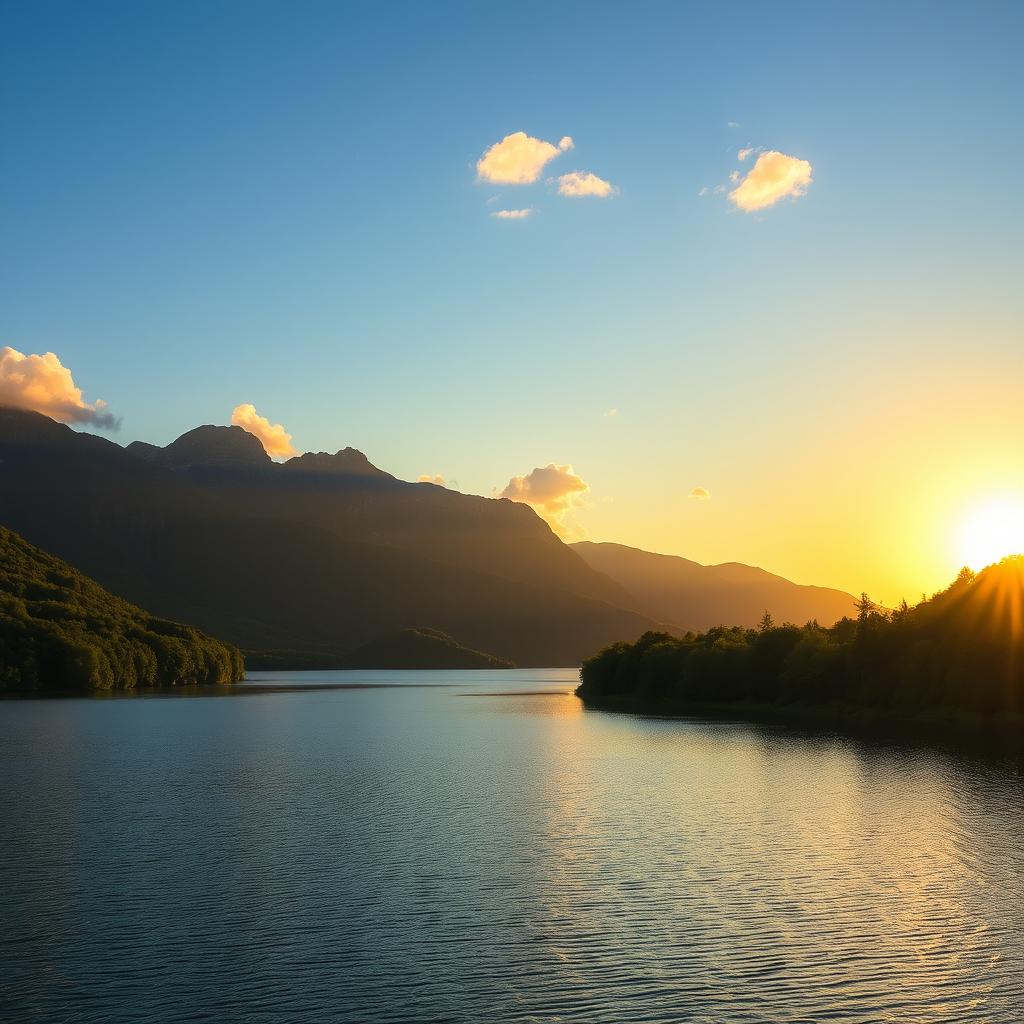 A serene landscape featuring a calm lake surrounded by lush green trees and mountains in the background