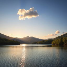 A serene landscape featuring a calm lake surrounded by lush green trees and mountains in the background