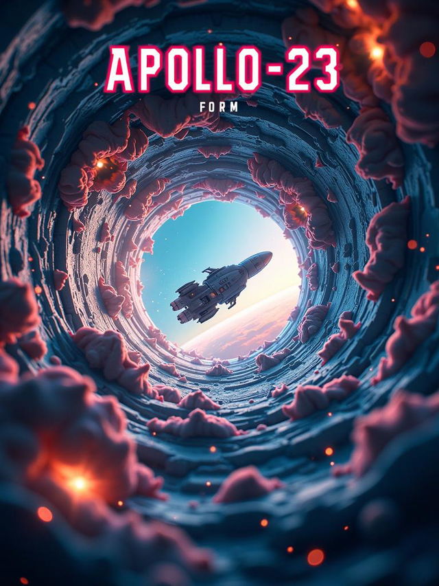 HD movie poster for 'Apollo-23' featuring a futuristic space vessel entering a wormhole, with vibrant colors, deep space elements, and high resolution