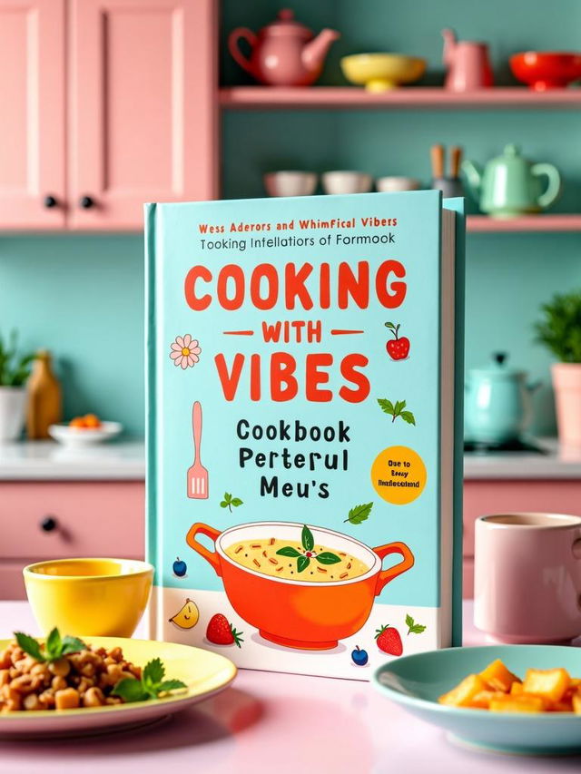 Photographic book cover for whimsical and fresh vibrant cookbook titled 'Cooking With Vibes