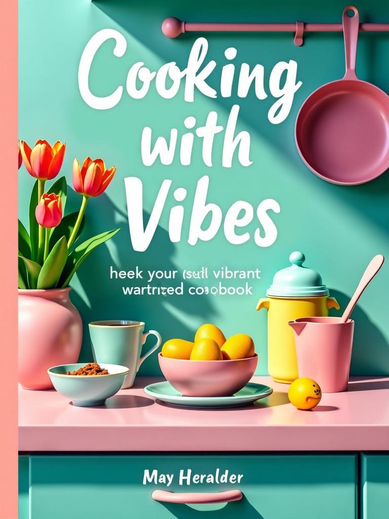 Photographic book cover design for whimsical and fresh vibrant cookbook titled 'Cooking With Vibes