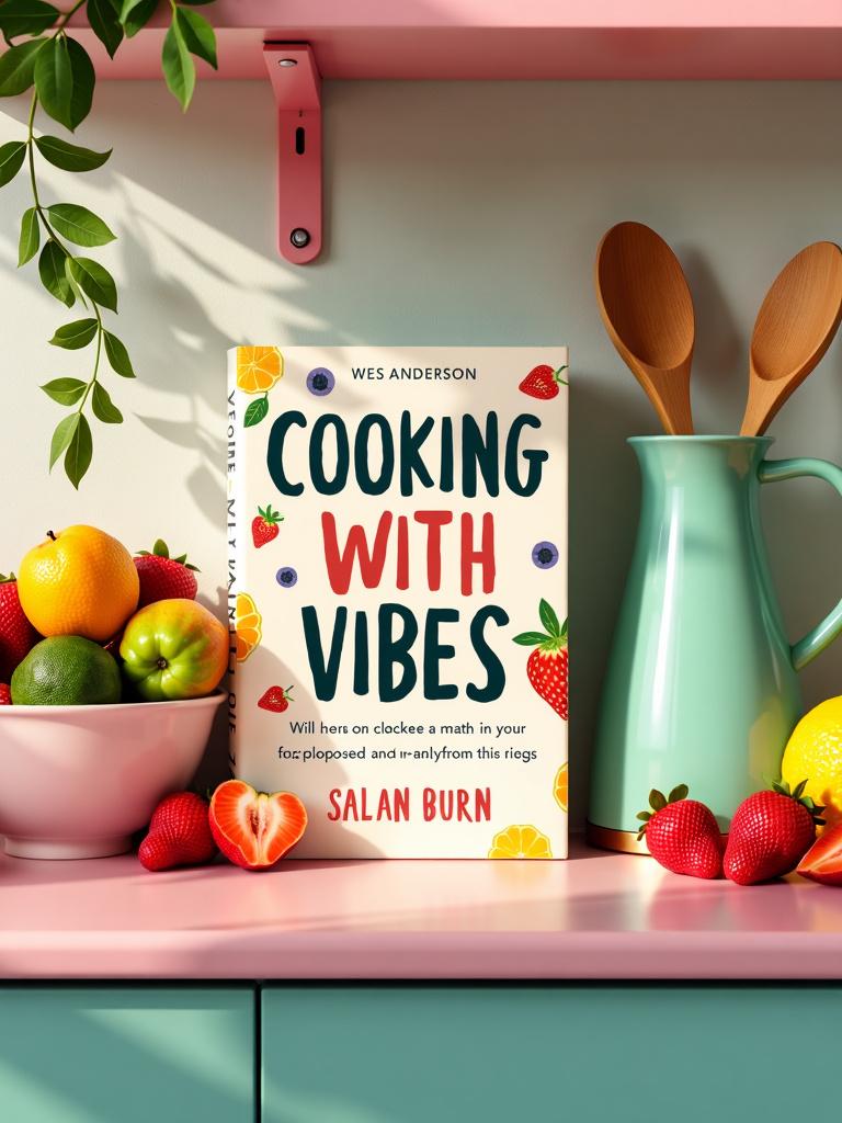 Book cover for fresh fruit style cookbook titled 'Cooking With Vibes,' in Wes Anderson style with pastels