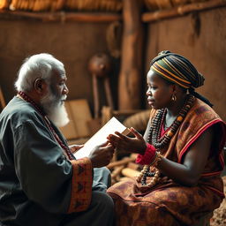 An elder passing knowledge to a younger person or a younger person questioning an elder, set against a backdrop that evokes the rich culture and history of the Kongo