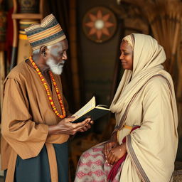 An elder passing knowledge to a younger person or a younger person questioning an elder, set against a backdrop that evokes the rich culture and history of the Kongo