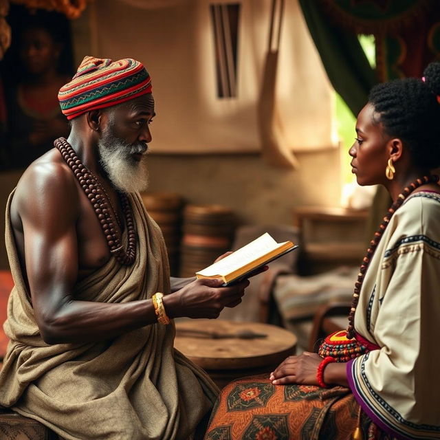 An elder passing knowledge to a younger person or a younger person questioning an elder, set against a backdrop that evokes the rich culture and history of the Kongo