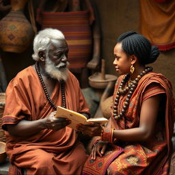 An elder passing knowledge to a younger person or a younger person questioning an elder, set against a backdrop that evokes the rich culture and history of the Kongo