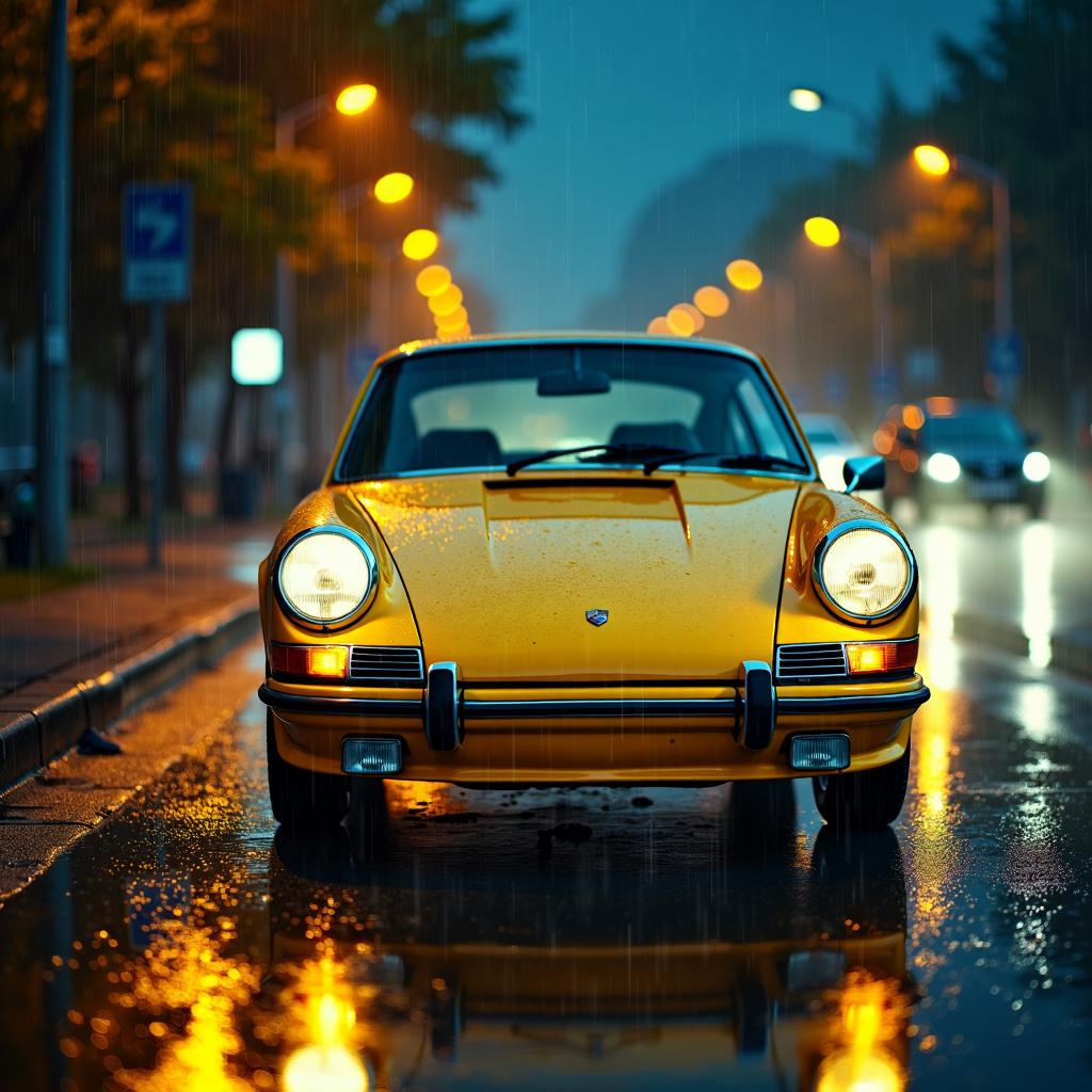 A classic yellow Porsche 911 driving on a wet road at night during heavy rainfall