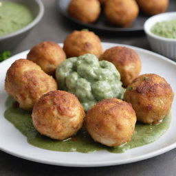 Chicken balls artfully plated with a drizzle of green sauce.