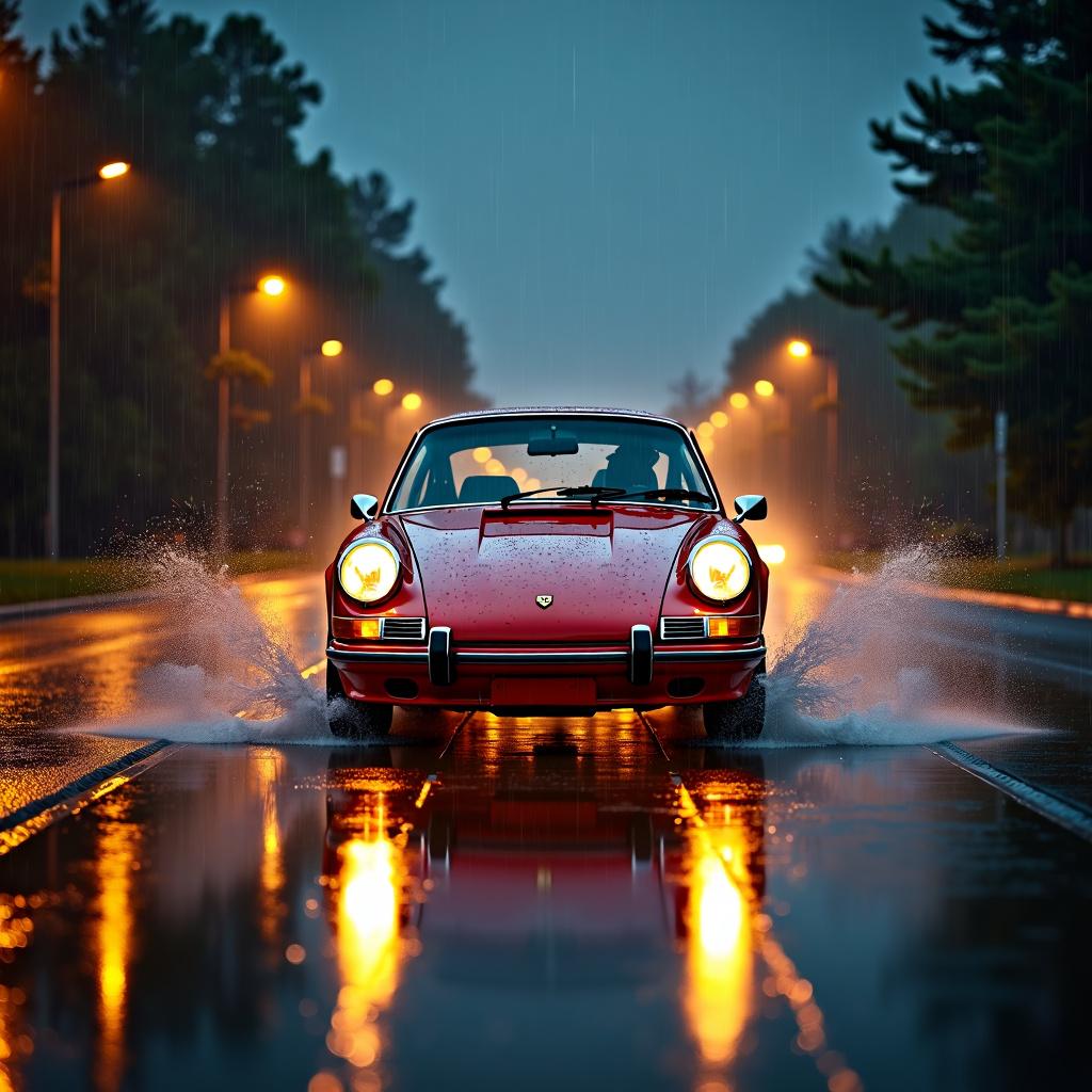 A classic Porsche 911 driving on a wet road at night during heavy rainfall