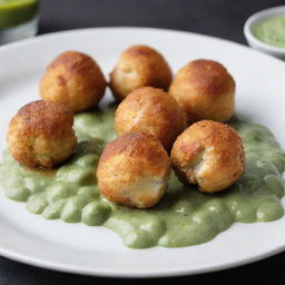 Chicken balls artfully plated with a drizzle of green sauce.