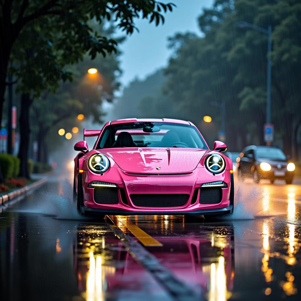 A pastel pink Porsche GT3 driving on a wet road at night during heavy rainfall