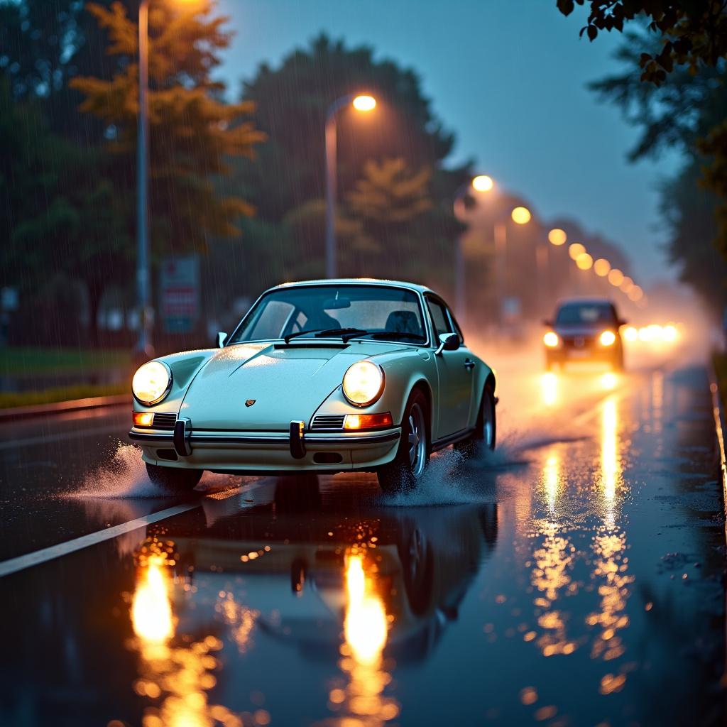 A pastel color Porsche 911 driving on a wet road at night during heavy rainfall