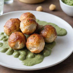 Chicken balls artfully plated with a drizzle of green sauce.