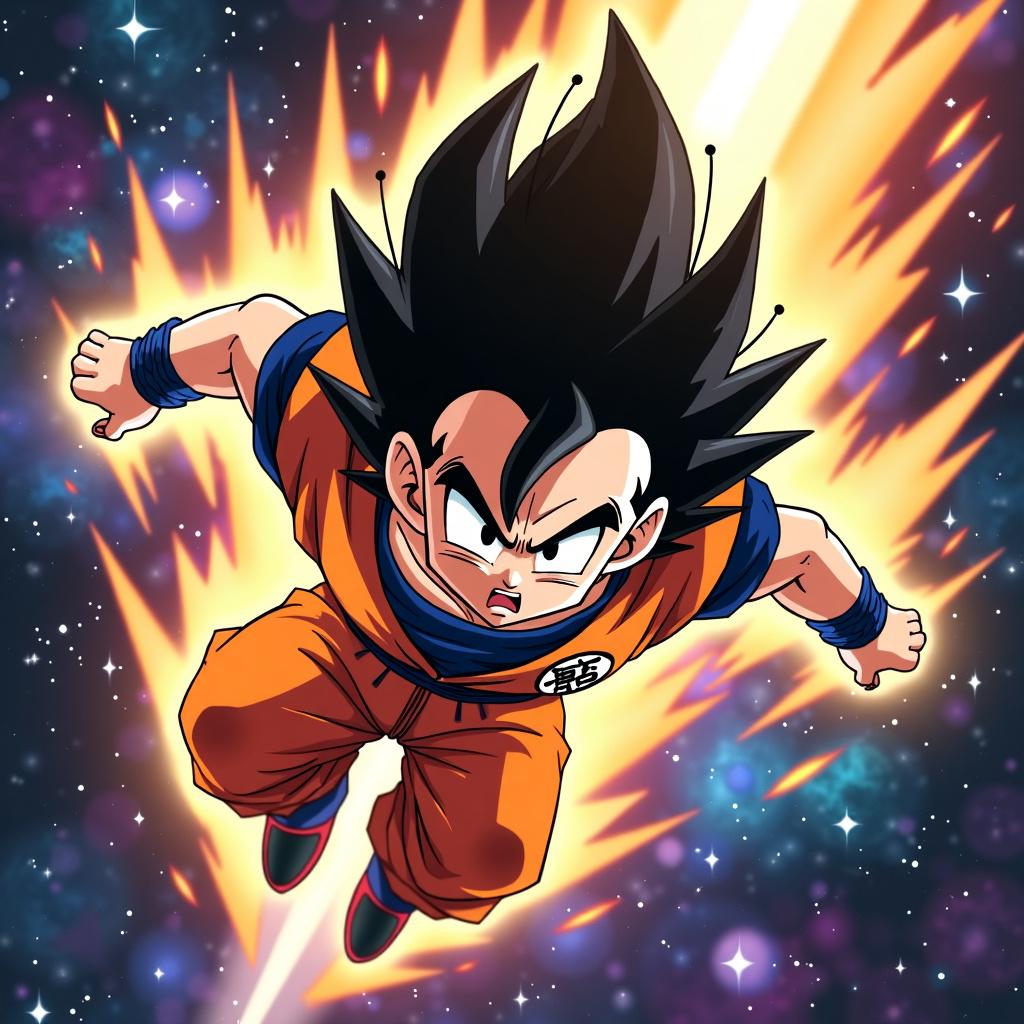 Goku from Dragonball Z flying through space with a determined expression, surrounded by stars, galaxies, and nebulas