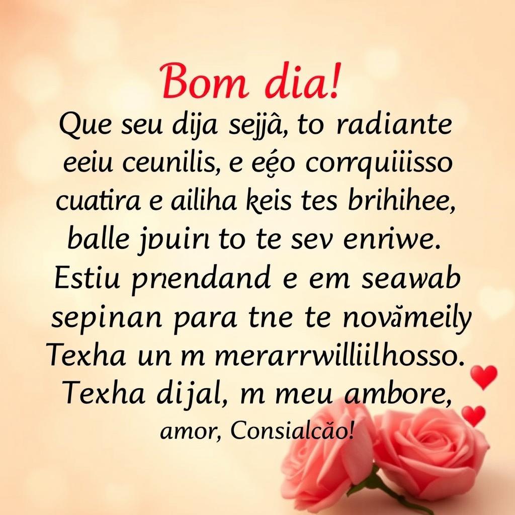 Create a loving image with the following words: 'Bom dia! Que seu dia seja tão radiante quanto seu sorriso e tão cheio de conquistas quanto o brilho nos seus olhos