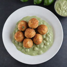 Chicken balls artfully plated with a drizzle of green sauce.