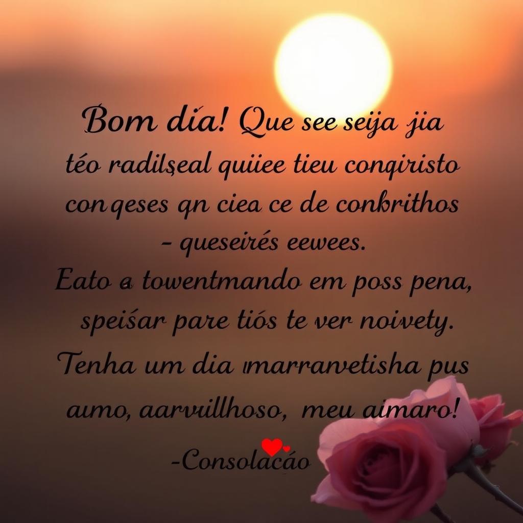 Create a loving image with the following words: 'Bom dia! Que seu dia seja tão radiante quanto seu sorriso e tão cheio de conquistas quanto o brilho nos seus olhos
