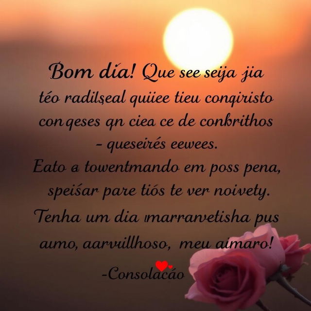 Create a loving image with the following words: 'Bom dia! Que seu dia seja tão radiante quanto seu sorriso e tão cheio de conquistas quanto o brilho nos seus olhos