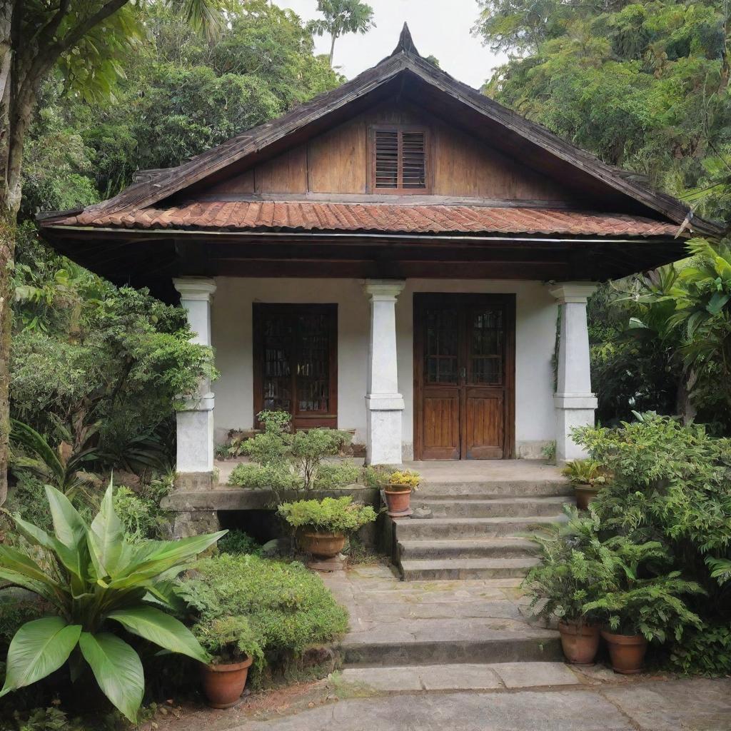 A snapshot of an authentic Filipino house from the late 19th-century, a traditional Bahay na Bato showing a beautiful blend of Filipino and Spanish architectural elements, set amidst lush tropical greenery.