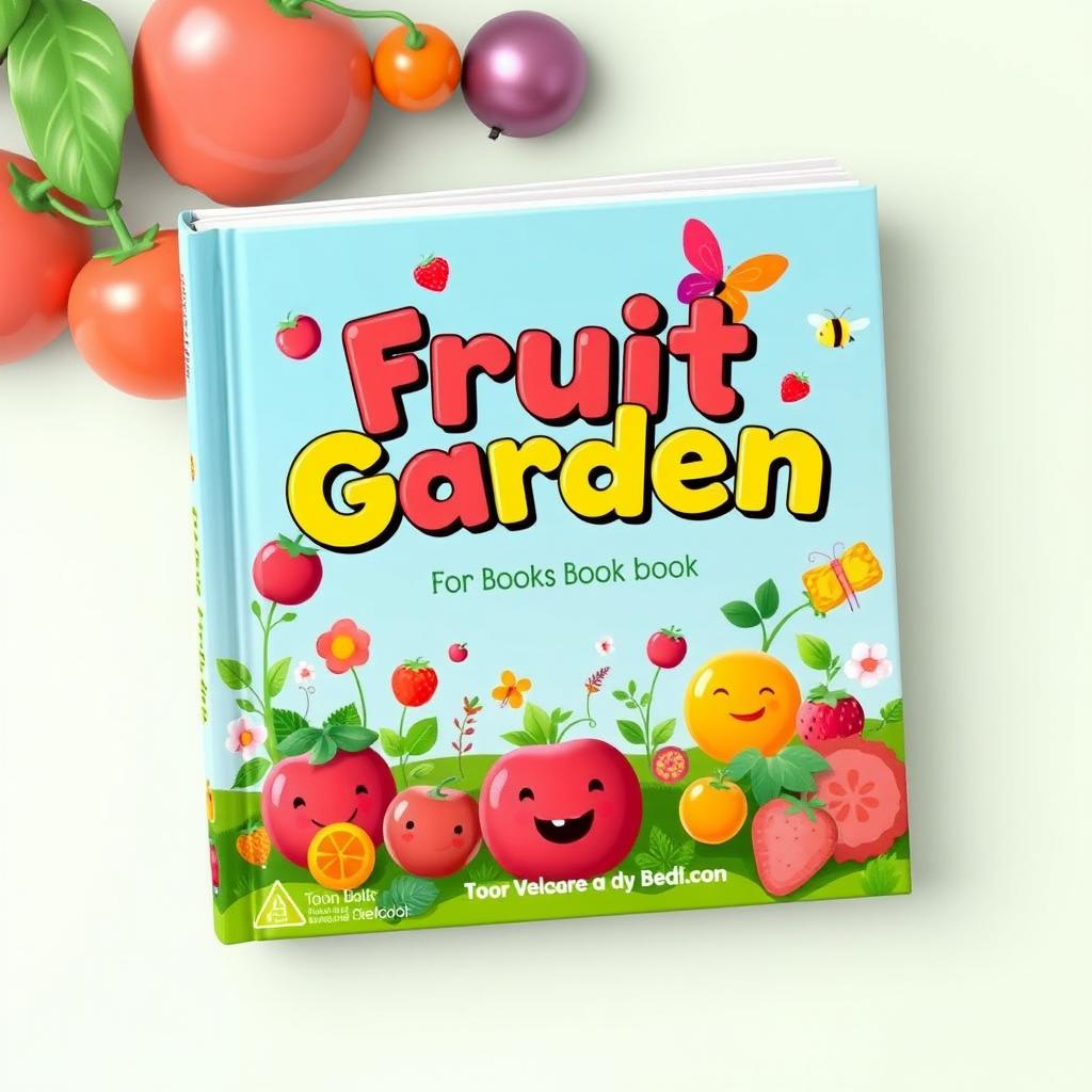 A vibrant and colorful book cover designed for children, featuring a whimsical fruit garden theme