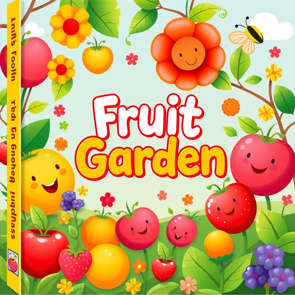 A vibrant and colorful book cover designed for children, featuring a whimsical fruit garden theme