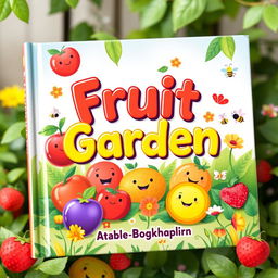 A vibrant and colorful book cover designed for children, featuring a whimsical fruit garden theme