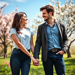 A beautiful and heartwarming image of a same-sex couple holding hands and smiling at each other in a picturesque park setting