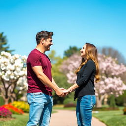 A beautiful and heartwarming image of a same-sex couple holding hands and smiling at each other in a picturesque park setting