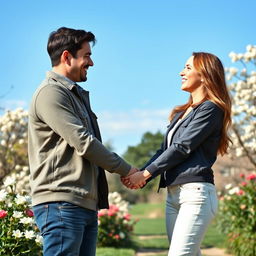 A beautiful and heartwarming image of a same-sex couple holding hands and smiling at each other in a picturesque park setting