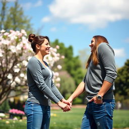 A beautiful and heartwarming image of a same-sex couple holding hands and smiling at each other in a picturesque park setting