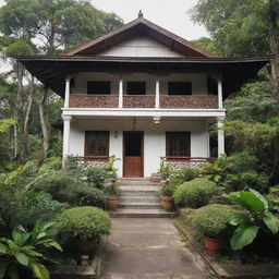 A snapshot of an authentic Filipino house from the late 19th-century, a traditional Bahay na Bato showing a beautiful blend of Filipino and Spanish architectural elements, set amidst lush tropical greenery.