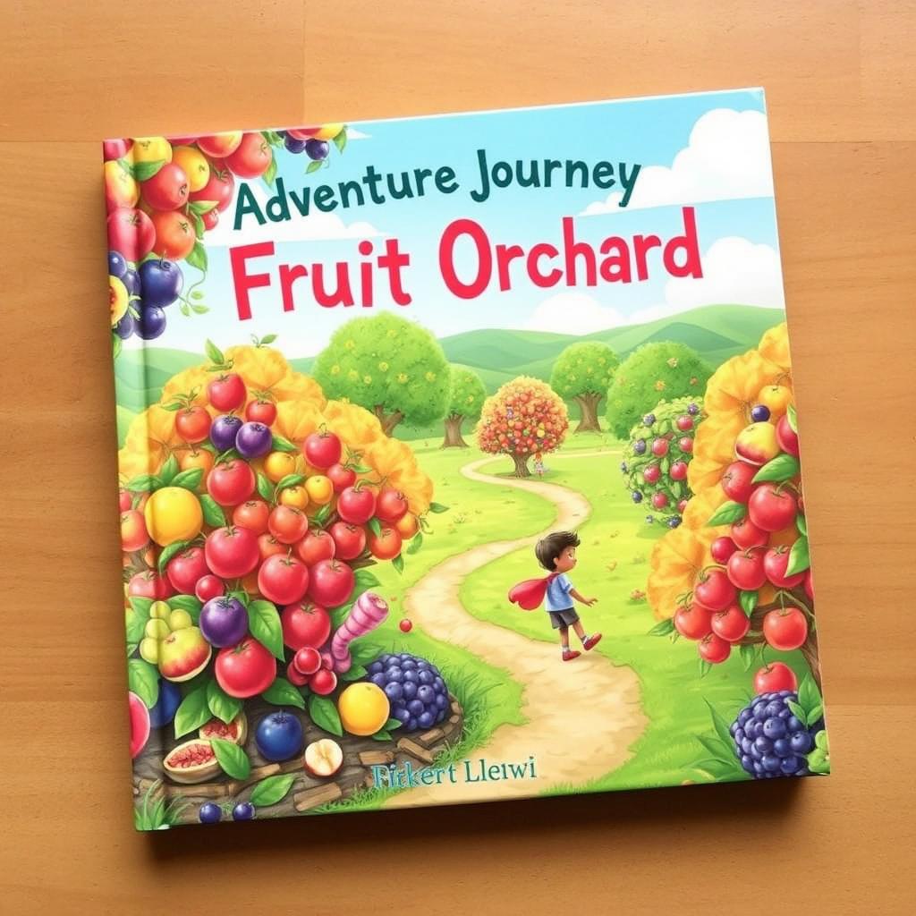 A vibrant book cover featuring an adventurous journey through a lush fruit orchard