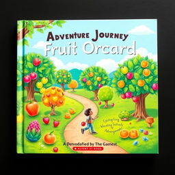 A vibrant book cover featuring an adventurous journey through a lush fruit orchard