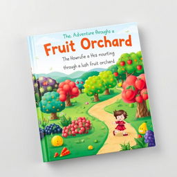 A vibrant book cover featuring an adventurous journey through a lush fruit orchard