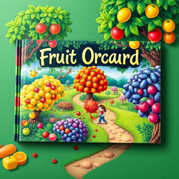 A vibrant book cover featuring an adventurous journey through a lush fruit orchard