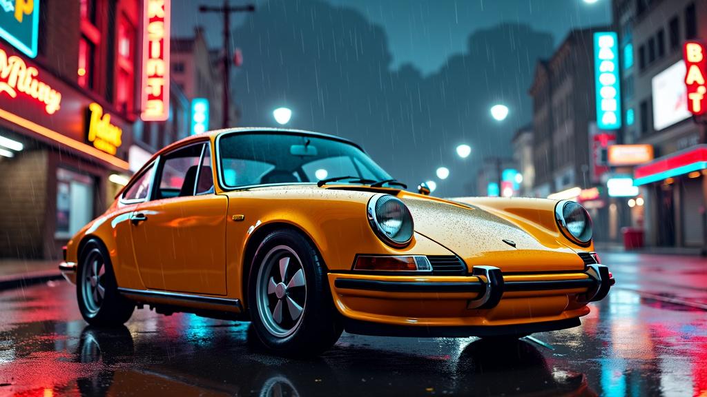 High-resolution poster of a vintage Porsche 911 set against a nighttime, rainy cityscape with vibrant street lights and neon signs