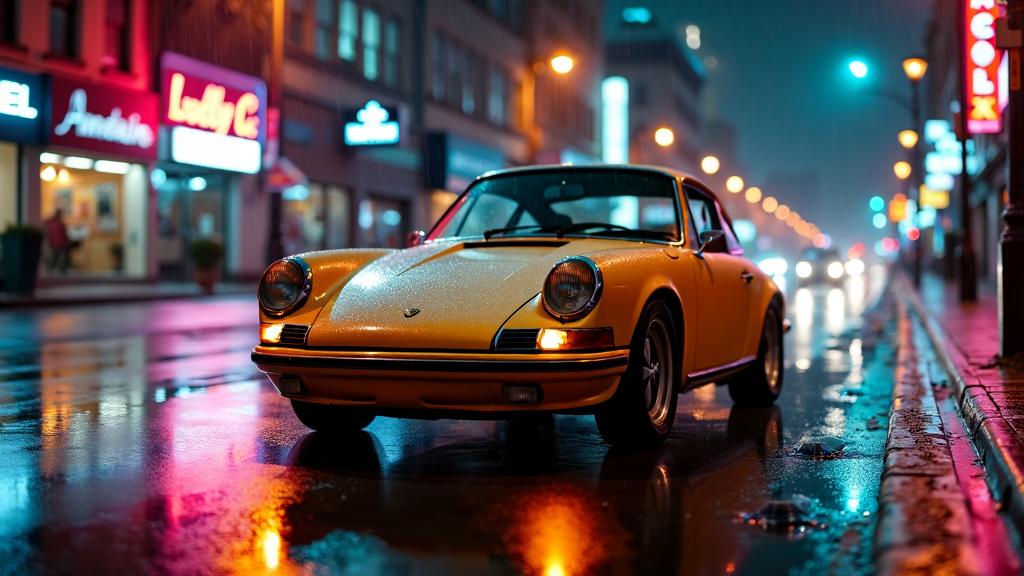 Raw, cinematic photograph of a vintage Porsche 911 set against a nighttime, rainy cityscape with vibrant street lights and neon signs