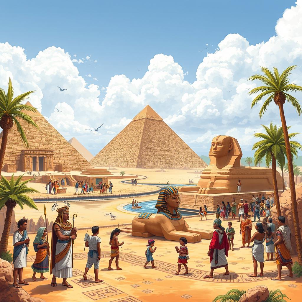 A detailed illustration of ancient Egypt featuring the Great Pyramids, the Sphinx, and hieroglyphics