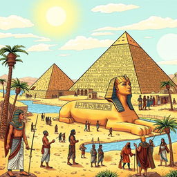 A detailed illustration of ancient Egypt featuring the Great Pyramids, the Sphinx, and hieroglyphics