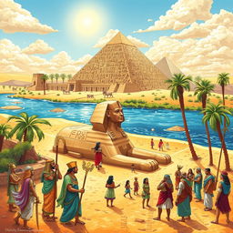 A detailed illustration of ancient Egypt featuring the Great Pyramids, the Sphinx, and hieroglyphics