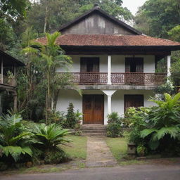 A snapshot of an authentic Filipino house from the late 19th-century, a traditional Bahay na Bato showing a beautiful blend of Filipino and Spanish architectural elements, set amidst lush tropical greenery.