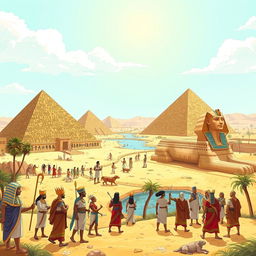 A detailed illustration of ancient Egypt featuring the Great Pyramids, the Sphinx, and hieroglyphics