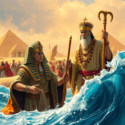 A detailed and dramatic scene featuring Pharaoh and Moses