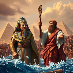 A detailed and dramatic scene featuring Pharaoh and Moses