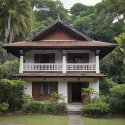 A snapshot of an authentic Filipino house from the late 19th-century, a traditional Bahay na Bato showing a beautiful blend of Filipino and Spanish architectural elements, set amidst lush tropical greenery.