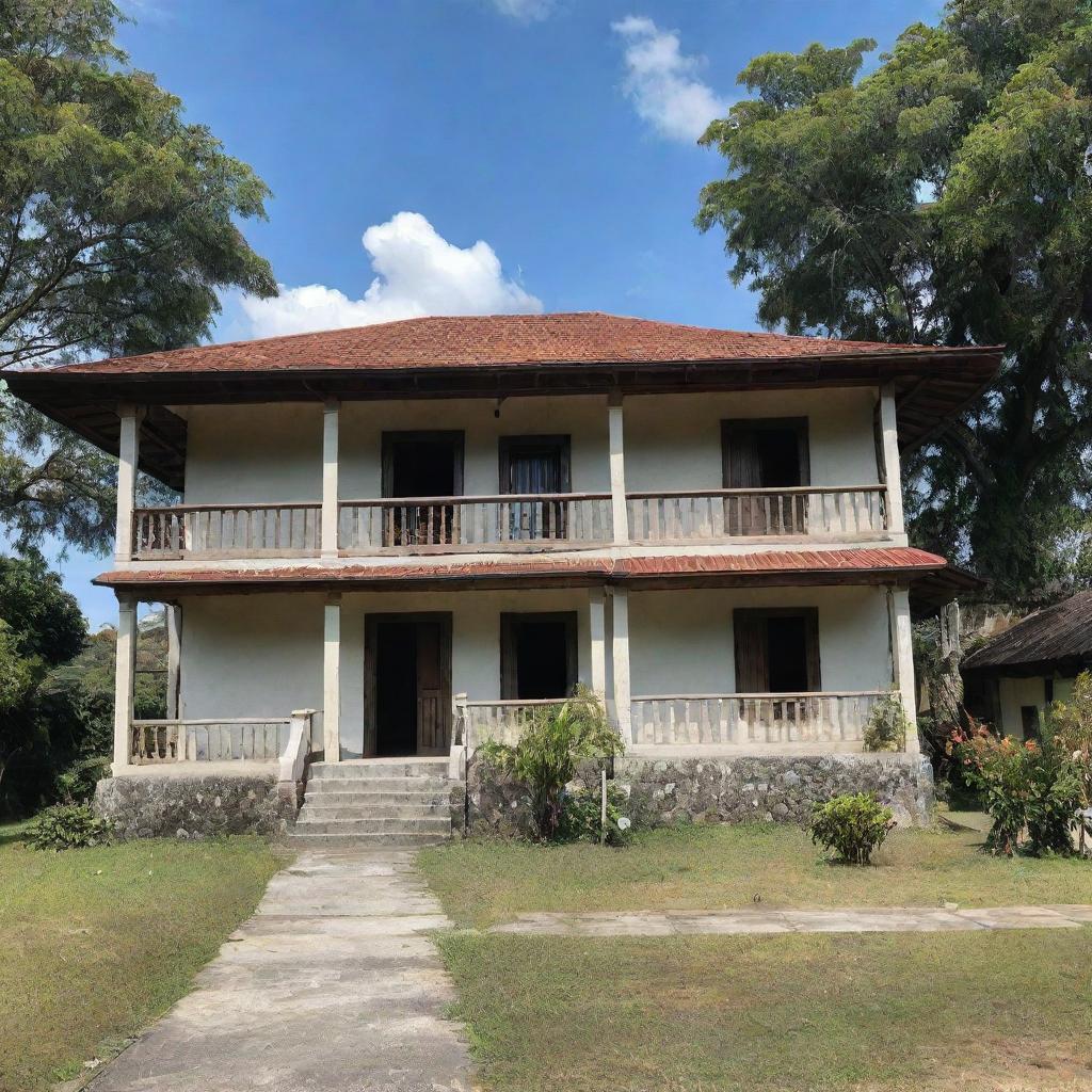 A visual depiction of Jose Rizal's ancestral house in Calamba, showcasing its characteristic Bahay na Bato architecture with sprawling yard, set underneath the clear blue skies of the Philippines.