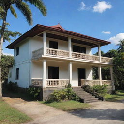 A visual depiction of Jose Rizal's ancestral house in Calamba, showcasing its characteristic Bahay na Bato architecture with sprawling yard, set underneath the clear blue skies of the Philippines.